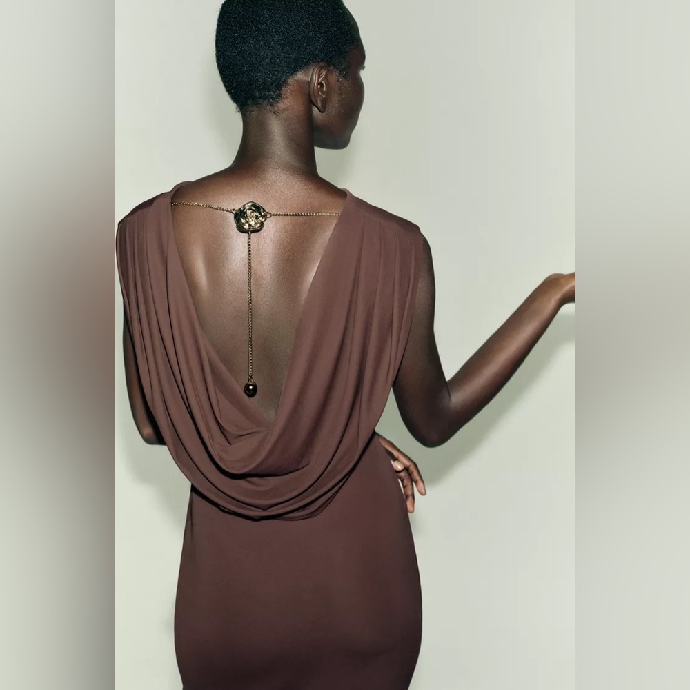Zara Chocolate Brown Flower Chain Open Back‎ Dress NWT - Picture 2 of 8
